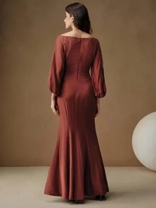 Anewsta 优雅露肩时尚春秋新年连衣裙，女士刺绣亚麻不对称袖长裙 - 棕色 - 查看 2