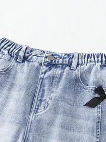 SHEIN ChillGRL Quần jean denim xanh ống rộng thời trang cổ điển cá tính, mặt trước xẻ tà, giặt tẩy, thắt nơ, ống rộng ôm sát, đa năng, phù hợp mọi mùa, phong cách thường ngày - Rửa trung bình - Xem 4
