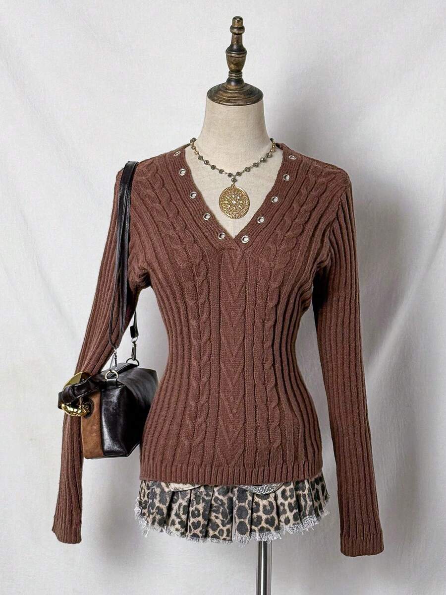 SHEIN Unity Women's Solid Color V-Neck Eyelet Shoulder Long Sleeve Fashionable Knitted Cable Pullover Sweater - Brown - View 1