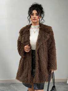SHEIN Plus Size Women Faux Fur Coat - Coffee Brown - View 4