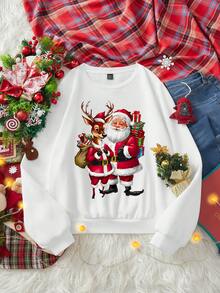 SHEIN Essnce 圣诞休闲简约圣诞老人印花圆领宽松厚款女式运动衫，秋冬 - 白色 - 查看 1
