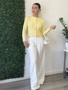 Andrea Bello Women Crew Neck Long Sleeve Single-Breasted Minimalist Elegant Cardigan, Autumn & Winter,Long Sleeve Tops Fall Cloth For Women