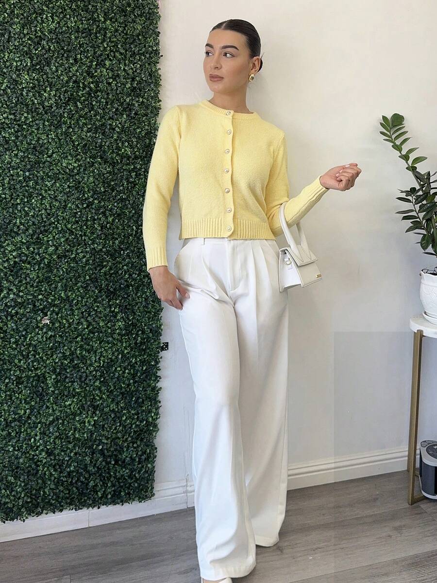 Andrea Bello Women Crew Neck Long Sleeve Single-Breasted Minimalist Elegant Cardigan, Autumn & Winter,Long Sleeve Tops Fall Cloth For Women