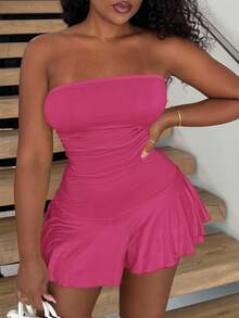Alexandranx Women's Solid Color Ruched Hem Jumpsuit - Hot Pink - View 3