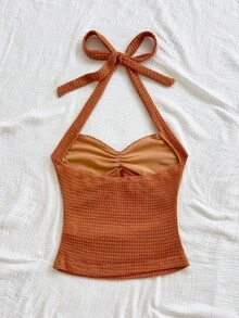 Soleia 女士度假露背系带海星贝壳装饰荷叶边V领花卉金属扣白色针织纹理修身背心，性感修身时尚上衣，适合派对、约会、邮轮、海滩、度假、音乐节、波西米亚风度假 - 棕色 - 查看 2