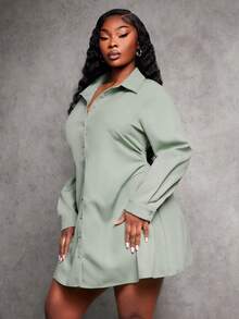 SHEIN SXY Plus Size Women's Autumn/Winter New Arrival, Mint Green Long Sleeve Waist Pleated A-Line Shirt Dress - Green - View 3