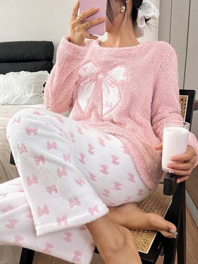 SHEIN Women's Cozy Pajama Set, Fluffy Long Sleeve Top With Bow Embroidery, Bow Print Pants, Cute Round Neck, Autumn/Winter