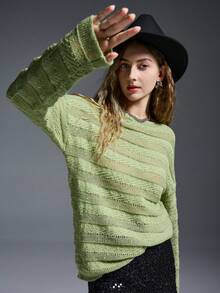 Loose Fit Knit Sweater With French Beaded Mesh Vibe, Elevated Style - Green - View 3