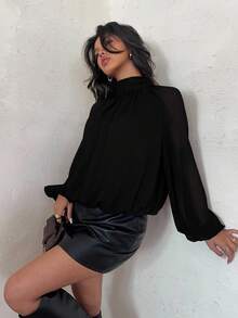 Aloruh 女士休闲纯色立领灯笼袖宽松衬衫，秋季 - 黑色 - 查看 6