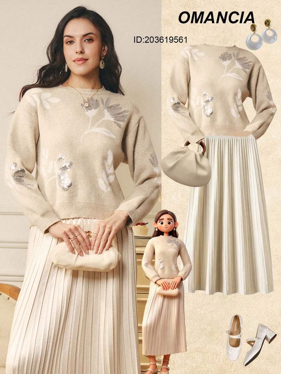 Omancia 女士时尚休闲圆领花卉和叶子提花亮片串珠套头衫，圣诞节、新年、感恩节礼物 - 卡其色 - 查看 1