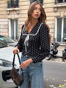 Pariaura Women's Elegant Design White Lace Patchwork V-Neck Tie Waist Polka Dot Casual French Style Short Black Blouse, Long Sleeve - Black - View 6