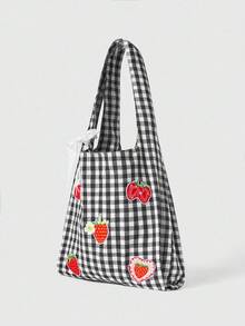 ROMWE Kawaii 1 chiếc balo thêu hình dâu tây, họa tiết kẻ caro đỏ trắng cổ điển, túi đeo vai dung tích lớn, túi xách nhẹ, đa năng cho mùa tựu trường và kỳ nghỉ. - màu đen - Xem 2