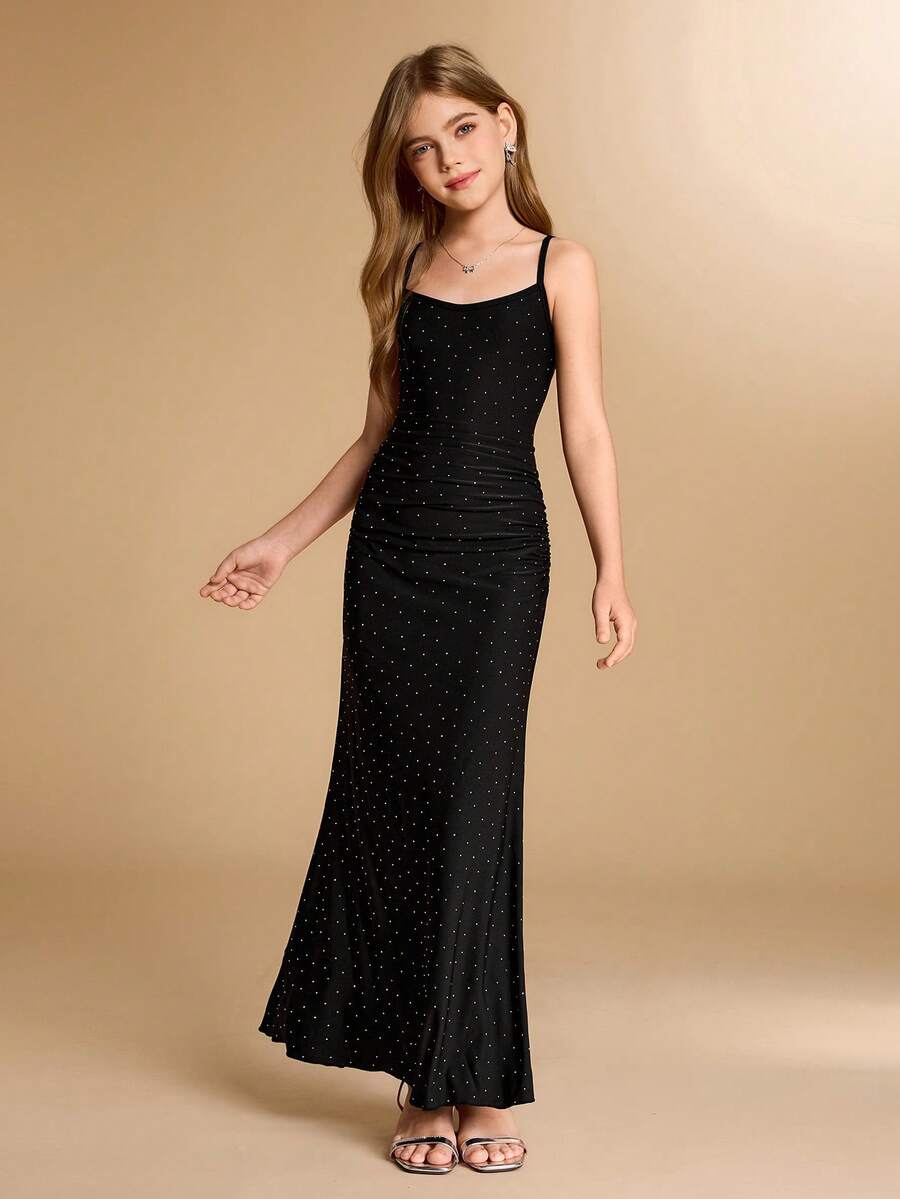 Tween Girl Elegant Party Rhinestone Strap Dress - Black - View 1