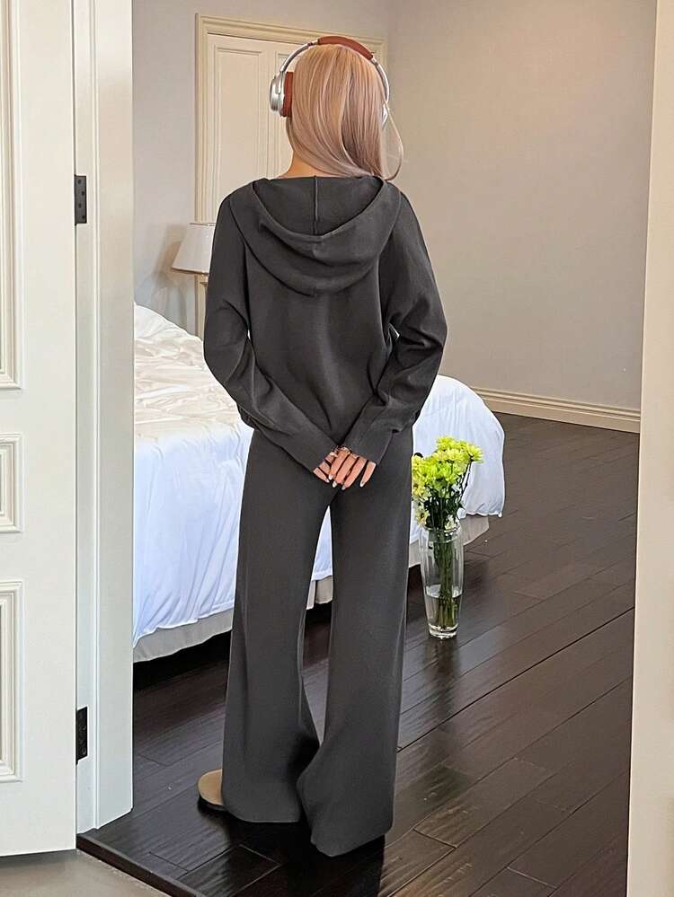 Women's Simple Solid Color Knitted Hooded Loungewear Set, Winter