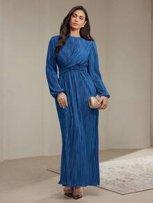 Veilorie Váy suông trơn màu họa tiết xoắn dành cho nữ, phong cách giản dị mùa thu - Màu xanh lam - Xem 6