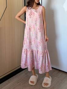 DAZY Floral Print Sleeveless Long Nightgown For Women Pajamas - Pink - View 8