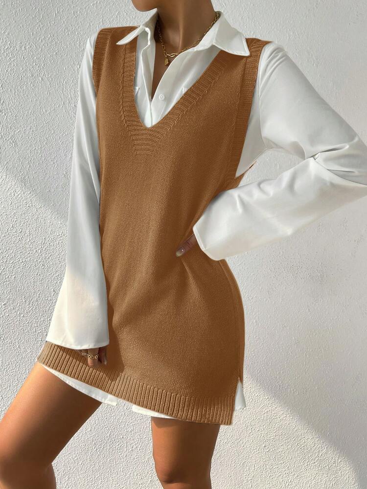 Robe pull basique à col V profond pour grandes tailles. Idéal pour les soirées, les festivals de musique, le port à la maison, la rentrée scolaire, les cadeaux et les achats. Pulls d'automne, gilet de laine, vêtements d'hiver, robe tricotée