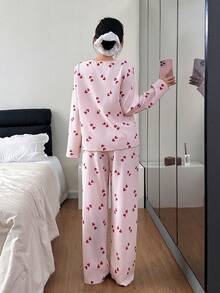 Napfluff 女士休闲可爱撞色领条纹爱心印花长袖上衣和裤子睡衣套装，可爱女士睡衣，秋冬服装 - 彩色 - 查看 7