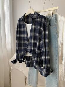 Elamini 1 Áo sơ mi kẻ caro cổ điển 2 trong 1 dành cho nữ, thích hợp mặc hàng ngày, đi làm, thường ngày và đi học, màu xanh navy, thu/đông - Màu xanh hải quân - Xem 3