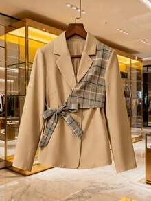 Franclia Women's Grey Plaid Autumn Elegant Office Blazer,Notched Lapel Tie Detail Versatile Business Urban Jacket For Commuting,Holiday,Casual Wear & Parties - Khaki - View 1