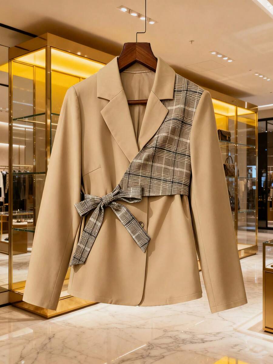 Franclia Women's Grey Plaid Autumn Elegant Office Blazer,Notched Lapel Tie Detail Versatile Business Urban Jacket For Commuting,Holiday,Casual Wear & Parties - Khaki - View 1