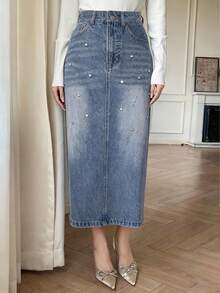 DAZY Women's Rhinestone Embellished Straight Cut Slit Skirt, Casual City Style Denim Skirtt