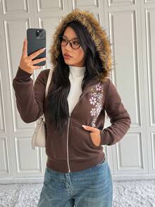 SHEIN EZwear بلوزة رياضية بنية، بلوزة رياضية نسائية بطباعة بسيطة لفصل الشتاء وأعياد الميلاد ورأس السنة والشكر، بأكمام طويلة - قهوة بني - مشاهدة 6