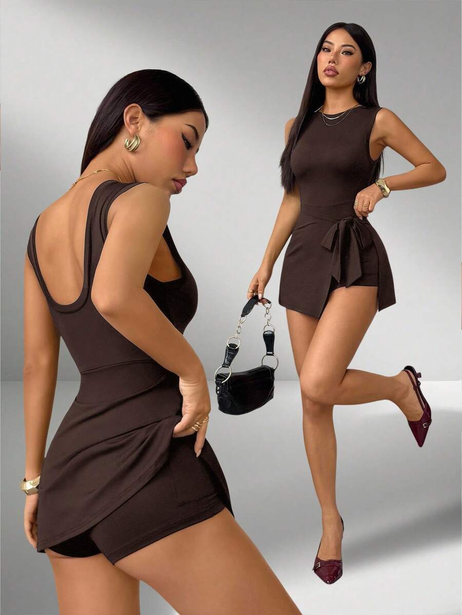 SHEIN PETITE 女款純色極簡無袖連身褲,適合日常穿著,小碼女款 - 棕色 - 查看 1