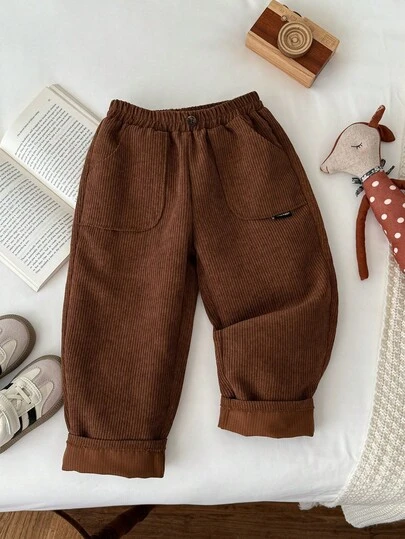  Blossori  Young Boys' French Elegant Corduroy Pocket Pants, Soft Pants For Kids, Brown Pants,Cozy Fall & Winter Styles