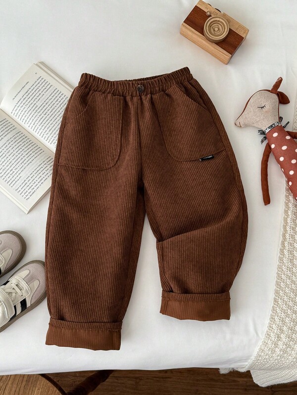 Blossori Blossori  Young Boys' French Elegant Corduroy Pocket Pants, Soft Pants For Kids, Brown Pants,Cozy Fall & Winter Styles