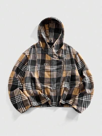 Street Life Men's Plaid Print Pockets Hooded Long Sleeve Overcoat, Fall/Winter