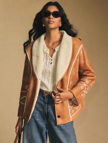 Poéselle Boho Sherpa Lined Embroidered Jacket For Women - Vintage Western Fleece Coat, Boho Embroidered Faux Shearling Jacket For Women - Cozy Sherpa Lined Western Coat, Warm Button Down Outerwear,Oversized Button Down Outerwear, Fall Winter Must-Have,Vintage Embroidered Fleece Jacket, Autumn/Winter - Brown - View 6