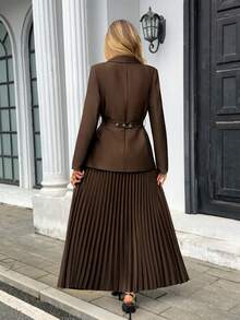Pariaura Brown Blazer Jacket + Pleated Skirt Suit Set, Fashionable & Elegant, Suitable For Outing, Date, And Work - Coffee Brown - View 2