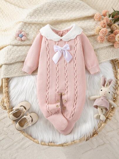 SHEIN Baby Girls Knitted Turtleneck Long Sleeve Romper,Bowknott Design, Elegant & Versatile, Suitable For Newborns, Everyday Wear, Indoor, Outdoor, Travel, Autumn/Winter