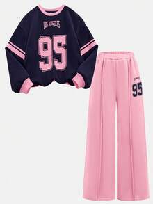 Girlism 少女休闲学院风街头字母数字印花圆领卫衣搭配高腰阔腿直筒针织裤套装，灰色返校穿搭套装，灰色女童运动裤套装 - 彩色 - 查看 14