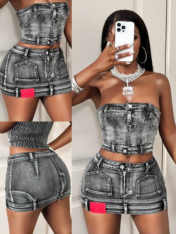 BamGleam Women's Denim Sexy Retro Denim Mini Skirt, Elastic Fitted Bodycon Skirt