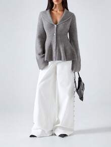 LYSMO 2025新款极简主义冬季女式灰色纯色长袖单排扣荷叶边针织开衫，秋冬灰色纽扣开衫，新年和圣诞节时尚单品，秋季 - 灰色 - 查看 1