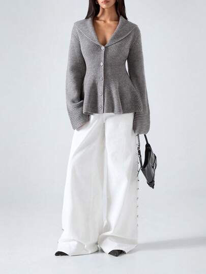 LYSMO 2025新款极简主义冬季女式灰色纯色长袖单排扣荷叶边针织开衫，秋冬灰色纽扣开衫，新年和圣诞节时尚单品，秋季