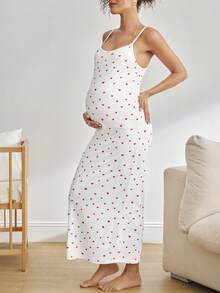 Moonlight&Mama Váy maxi cho con bú họa tiết gân tối giản thoải mái, đồ ngủ cho bà bầu, thời trang thu sang trọng - Đỏ và trắng - Xem 5