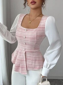 Elenzga Women's Elegant Pink Plaid Patchwork White Square Collar Asymmetrical Hem Faux Pearl Button Decor Long Sleeve Fitted Blouse, Spring/Autumn Fall Cloth For Women - Pink - View 6