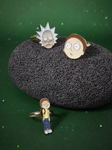 Rick and Morty X SHEIN 1套卡通人物设计戒指 - 金黃色 - 查看 1