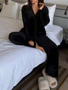 DAZY Women's Plush Contrast Trim Design Fluffy Cozy Pajama Set, Winter - Black - View 10