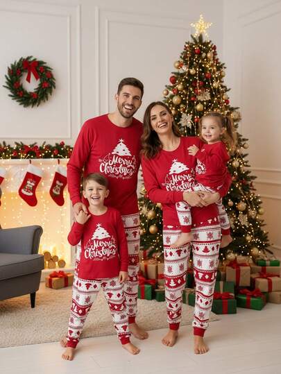 SHEIN 1 Set Baby Boy Christmas Tree & Letter Print Crew Neck Long Sleeve Top Paired With Full Print Fair Isle Christmas Tree Snug Fit Pants Autumn Pajamas, Christmas Theme Outfit Family Matching Christmas Pajamas