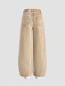 ChillGRL Tween Girl One-Piece Denim Wide-Leg Pants, Vintage Distressed Aesthetic, Cute & Sweet Casual College Style Vacation Recommendation. Classic Washed Denim In Khaki, Coffee + White Handmade Floral Crochet Detailing, Sweet & Playful. - Khaki - View 2