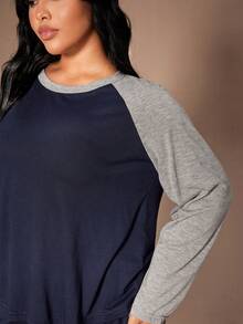 Lazeform Plus Size Women American Casual Raglan Sleeve Round Neck Long Sleeve Top & Straight Leg Pajama Set Plus Size Loungewear Set 2 Pieces Lounge Sets Woman Long Sleeve Lounge Set Plus Size Long Sleeve Lounge Set Loungewear Set, Fall & Winter Clothes - Navy Blue - View 5