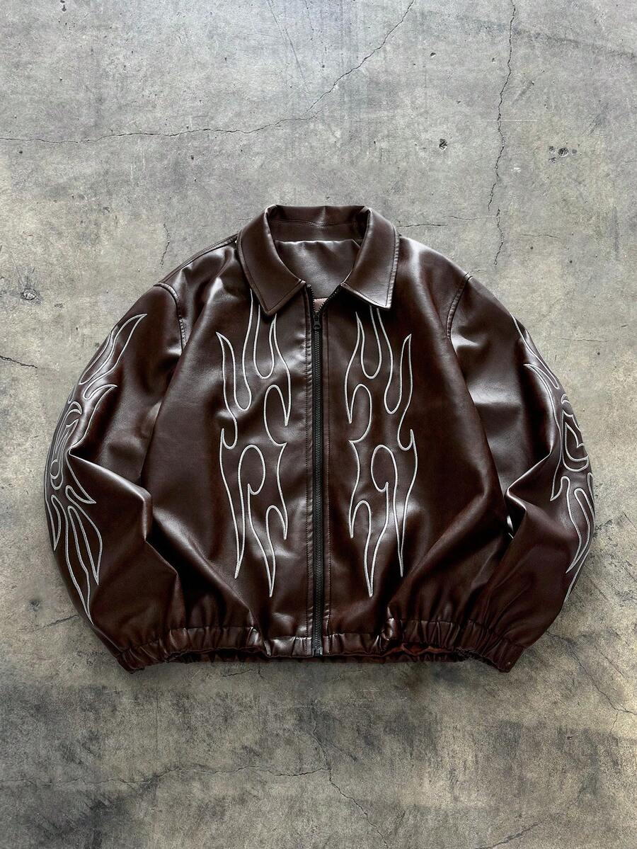 AXEPEAK Men's Autumn Flame Pattern Long Sleeve Zip-Up Casual PU Leather Jacket, For Fall Winter - Bronze - View 1