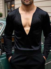 Manfinity AFTRDRK Men's Deep V Neck Long Sleeve Fashionable Velvet Flocked T-Shirt Sequin Top Men Rhinestone Men Rhinestone Shirt Long Sleeve Men Sparkly Shirt Christmas - Black - View 6