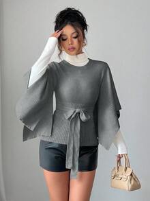 Elenzga Women's Fashionable Versatile Solid Color Poncho Sleeve Sweater, Autumn/Winter - Grey - View 4