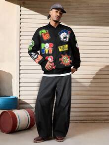 Popeye X SHEIN Men's Casual Letter & Cartoon Graphic Button-Up Long Sleeve Jacket, Autumn - Black - View 4