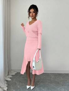 Elenzga Bộ 2 áo len dệt kim tay dài cổ chữ V thanh lịch dành cho nữ - Hồng - Xem 3